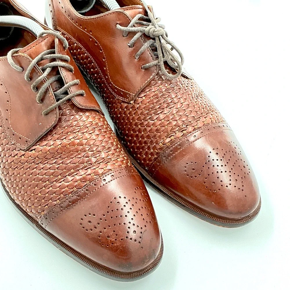 Johnston & Murphy Mens Size 9.5 Brown Woven Leather Cap Toe Oxford Brogue Shoes